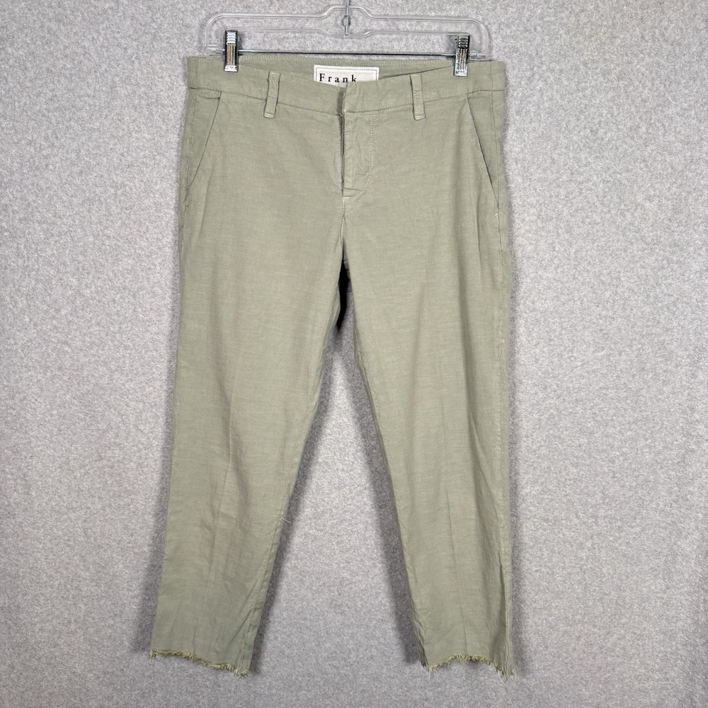 Frank & Eileen Wicklow Pants Womens 4 Green Raw Hem Italian Chino Made In USA